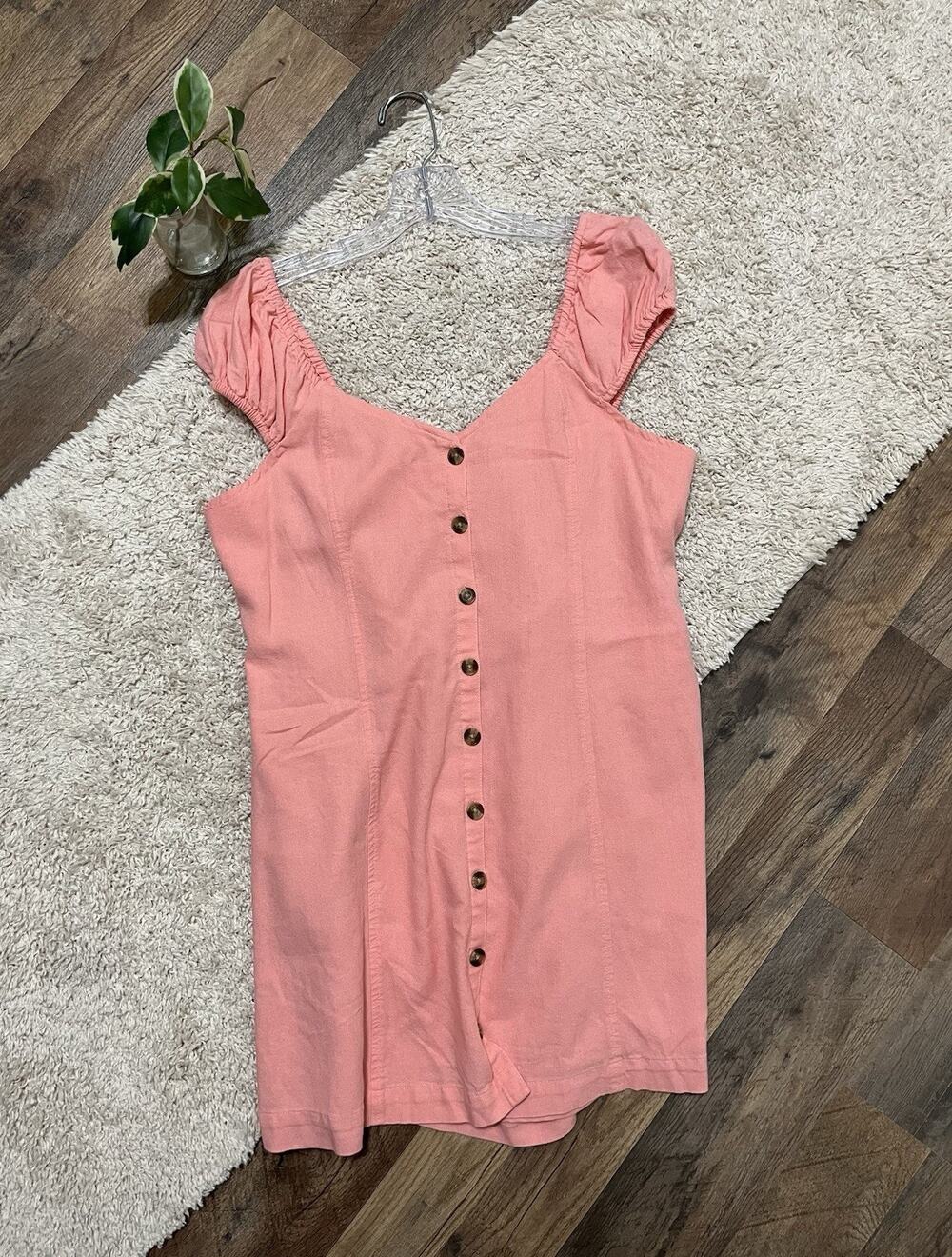 American Eagle Size Medium Pink Linen Blend Button Front V-Neck Mini Dress